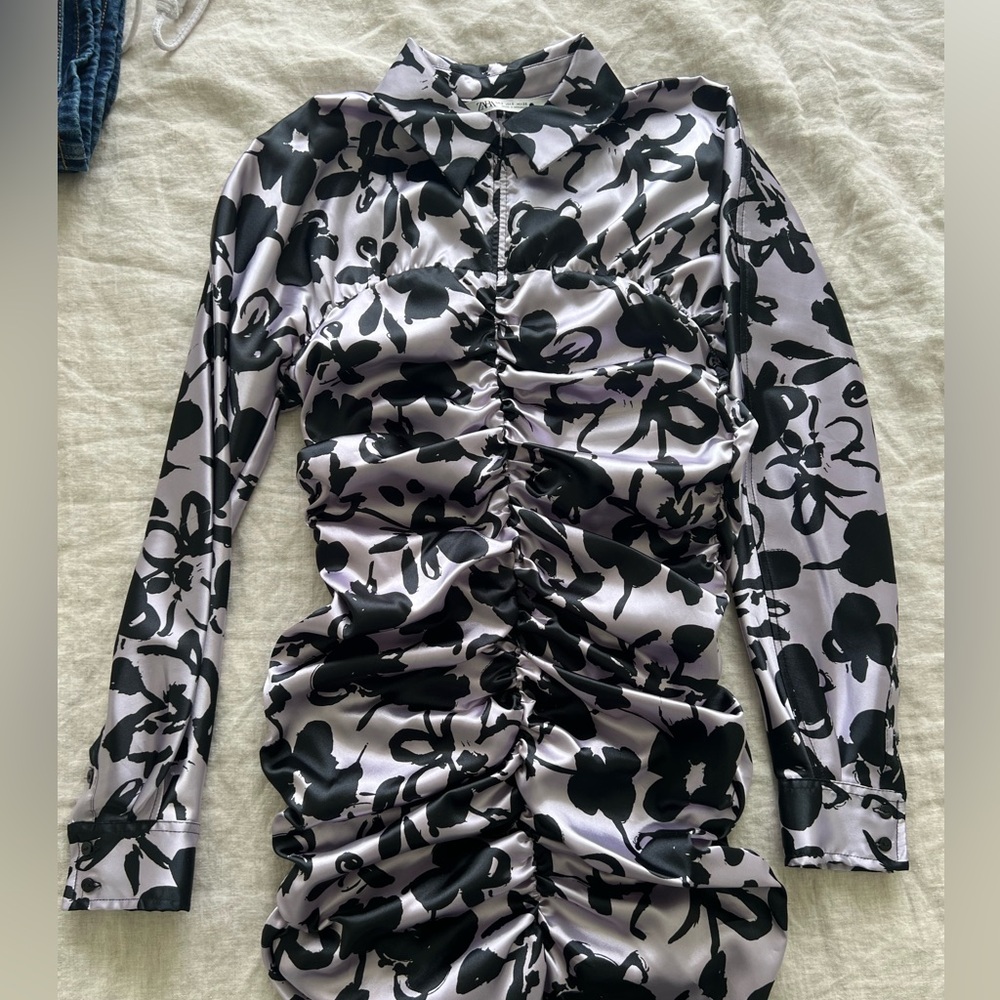 Zara long sleeve collared mini dress with rouching down the front